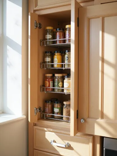 Door-mounted spice rack with colorful spice jars inside a kitchen cabinet.