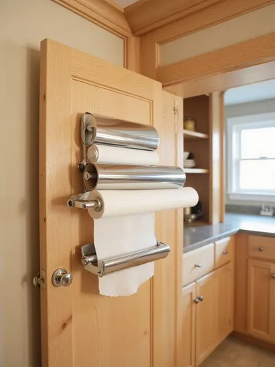 Door-mounted wrap dispenser holding aluminum foil, plastic wrap, and parchment paper inside a kitchen cabinet.