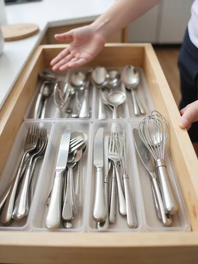 Organized kitchen utensil drawer with clear acrylic dividers separating spoons, forks, knives, and other utensils.