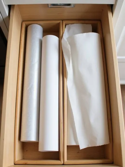 Neatly organized kitchen drawer with a bamboo wrap organizer holding plastic wrap, aluminum foil, and parchment paper.