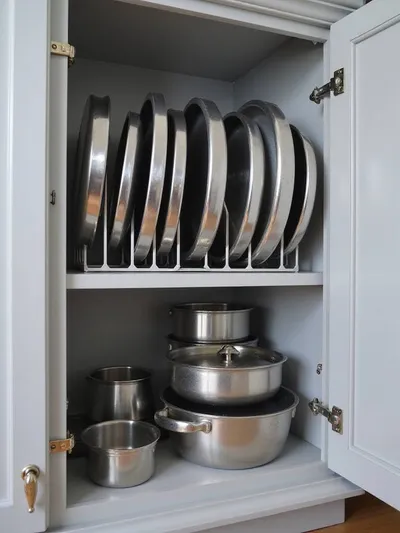 Organized kitchen cabinet with adjustable lid organizer filled with neatly arranged pot and pan lids.