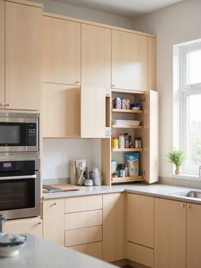 Over-the-cabinet door organizer holding cleaning supplies and spices inside a modern kitchen cabinet.