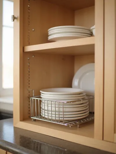 Organized kitchen cabinet with a metal wire plate rack holding neatly stacked white plates.