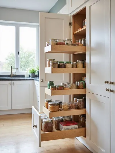 Pull-out pantry shelves in a kitchen cabinet, showcasing organized food storage