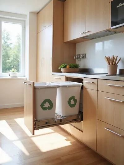 Pull-out kitchen trash and recycling system integrated into base cabinet for space-saving and odor control.