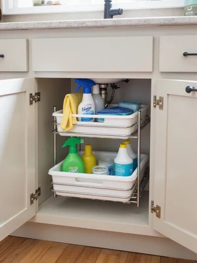 Organized under-sink cabinet with a two-tier pull-out organizer neatly holding cleaning supplies.