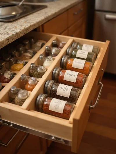Organized spice drawer with angled wooden insert.