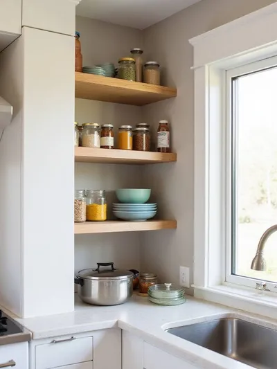 Tiered corner shelves organizing spices, bowls, and lids in a kitchen corner cabinet.