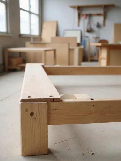 View of a durable couch frame under construction in a workshop, showing strong hardwood material, dowel and screw joinery, and reinforced corner blocks.
