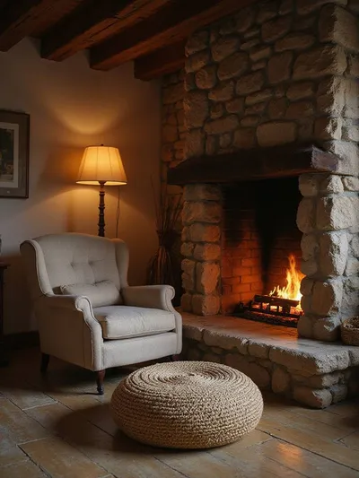 Cozy rustic living room featuring a braided jute pouf placed in front of a comfortable armchair by a stone fireplace.