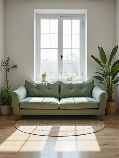 Living room scene featuring a sage green velvet couch under soft afternoon light, illustrating the calming effect of color choice in home decor.