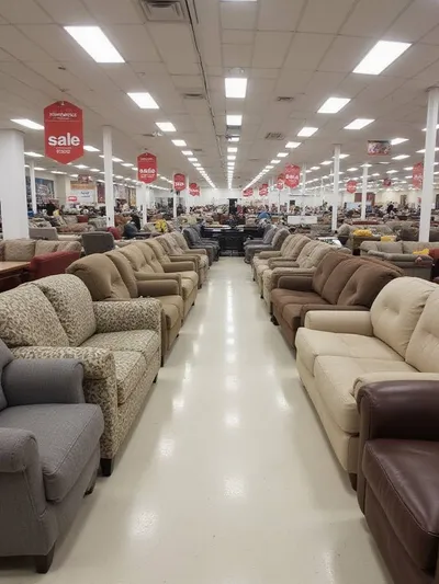 Rows of affordable couches and sofas displayed in a furniture store clearance section with sale tags, illustrating budget-friendly furniture shopping.