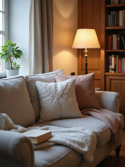 A cozy reading nook set up on a living room couch, featuring plush pillows, a warm blanket, a side table with a book and mug, and a floor lamp providing soft light.