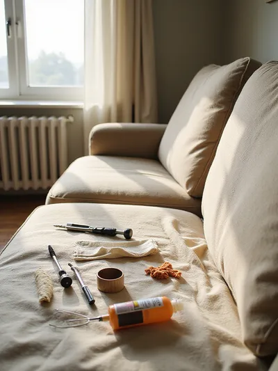 A living room couch with tools and materials laid out for DIY repairs, including a screwdriver, glue, fabric scraps, and cleaning supplies, illustrating how to fix common couch problems at home.