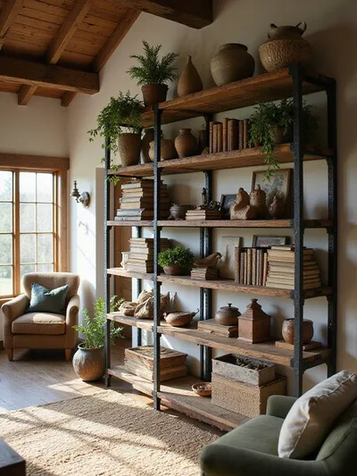 Large open shelving unit with distressed wooden shelves and dark metal frame, filled with rustic decor, books, and plants in a cozy living room.