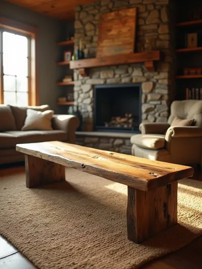 Rustic wooden bench with character used as extra seating in a cozy, warm rustic living room with a sofa, armchair, and fireplace.