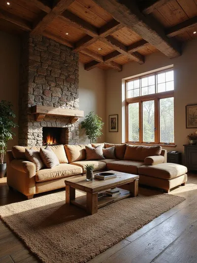 An oversized, comfy L-shaped sectional sofa in a rustic living room with a stone fireplace and wood beams, creating a cozy family hub.