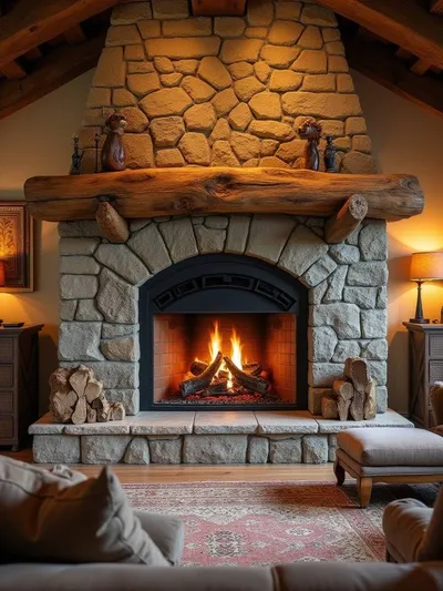 Rustic living room fireplace featuring a thick, natural wood beam mantel over a stone surround, serving as a cozy focal point.