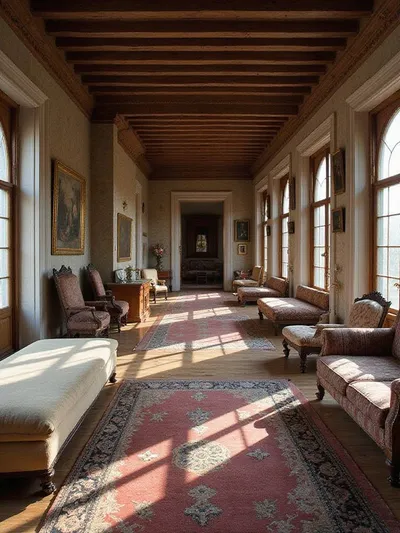 Visual history showing the evolution of the couch from ancient divans and European settees to modern sofas in various historical settings.