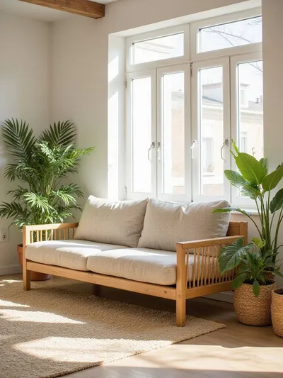 A modern living room featuring a sustainable couch made with a natural wood frame and organic fabric upholstery, bathed in natural light, symbolizing eco-friendly furniture choices.