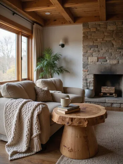 A live edge wood slab side table sits next to a cozy armchair in a rustic living room, featuring a natural wood grain and organic shape.