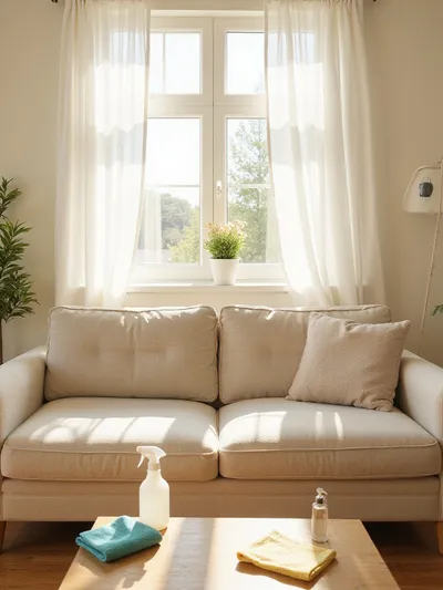 Clean, well-maintained fabric couch in a sunlit living room with cleaning supplies nearby.
