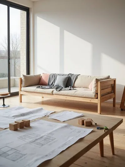 Living room scene showing a custom couch frame, fabric swatches, and design plans, illustrating the process of furniture customization.