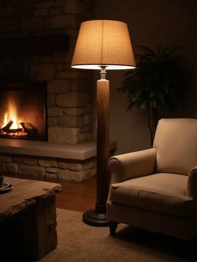 A rustic living room illuminated by the warm glow of a floor lamp with a wrought iron or wood base and a neutral fabric shade, creating a cozy evening mood.