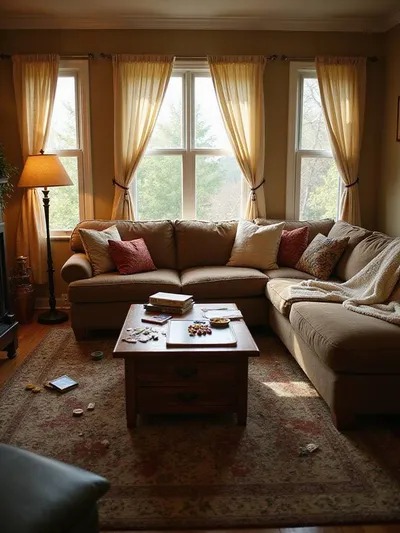 A wide shot of a cozy living room centered around a large, inviting couch covered in blankets and pillows, with a coffee table showing signs of recent family activities like board games and reading, illustrating the couch as a family hub.
