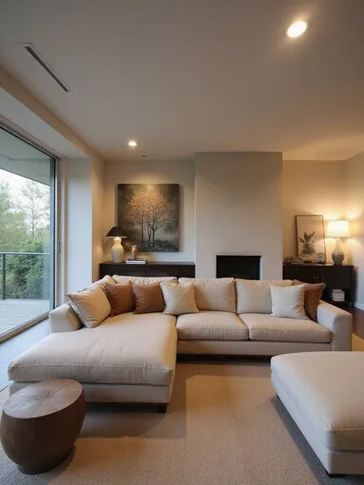 A well-arranged living room with a sectional couch floating in the center, defining the space and facing a fireplace, demonstrating optimal furniture placement for functionality and flow.