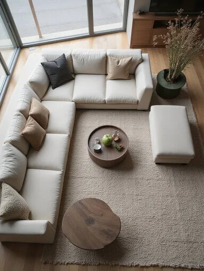Overhead view of a modern living room featuring a sectional couch, a coffee table, and a round ottoman arranged on a rug, illustrating furniture pairing and placement.