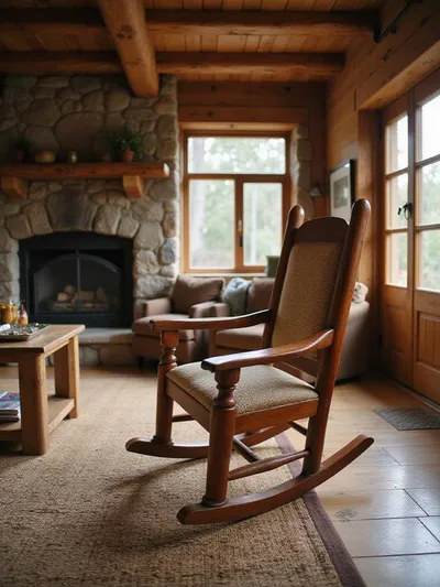 Classic wooden rocking chair in a cozy rustic living room by a window.