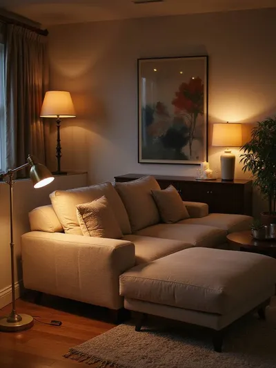 A cozy living room featuring a large sectional couch illuminated by warm, layered lighting from a floor lamp, table lamp, and accent lights, creating a relaxed and inviting atmosphere.