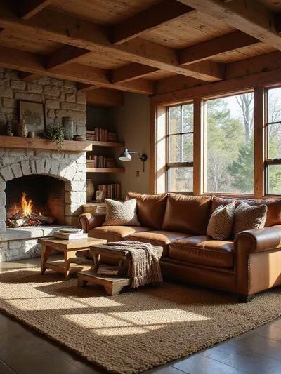 Plush saddle brown leather sofa in a cozy rustic living room with a stone fireplace and wooden beams.