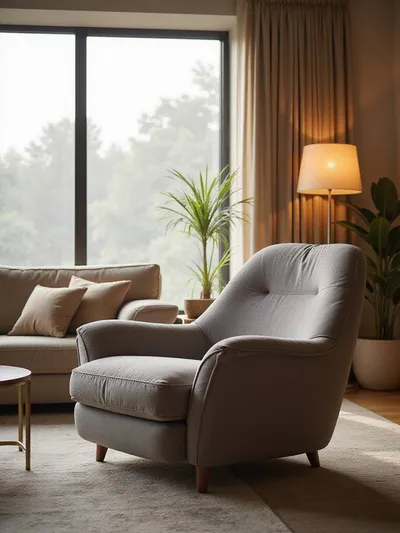 A modern living room featuring an ergonomically designed couch with a supportive backrest, bathed in warm natural light.