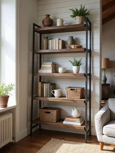 Rustic living room corner with a distressed wood and metal open-back ladder style bookcase leaning against a white shiplap wall, styled with books, plants, and baskets.