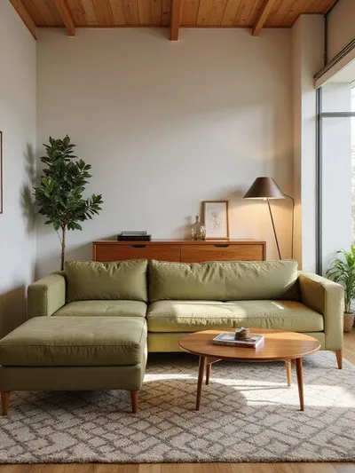 Mid-Century Modern living room with a green sectional sofa, geometric rug, and walnut coffee table, illustrating how couch style matches room vibe.