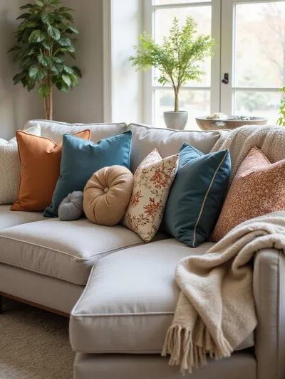 A stylish living room couch adorned with an assortment of decorative pillows and a throw blanket, showcasing the power of textiles in enhancing comfort and decor.