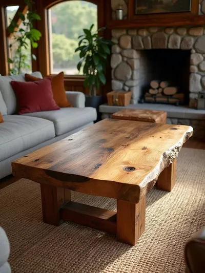A solid reclaimed wood coffee table serving as the rustic centerpiece in a cozy living room, showcasing its unique character and texture.