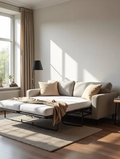 A stylish neutral-colored sectional sleeper sofa partially open in a modern living room, showcasing its dual function as a couch and a bed, bathed in soft natural light.
