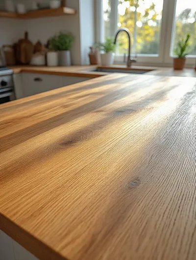 Close-up portrait of a conditioned wood kitchen island surface with rich natural wood grain and no cracks