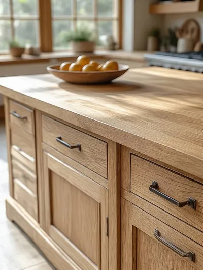 Close-up portrait of wood kitchen island countertop with detailed ogee and eased edge profiles showcasing architectural character