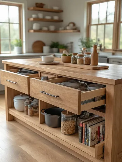 Wood kitchen island with integrated smart storage cabinetry, drawers, and shelving, showcasing organized kitchen essentials in a modern kitchen setting
