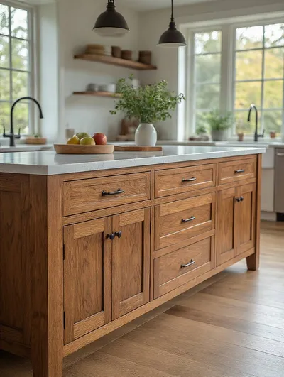 Refinished wood kitchen island with glossy smooth surface in modern kitchen, natural lighting highlighting wood grain