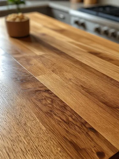 Close-up of polished wood kitchen island surface showing safe stain removal with no damage to finish