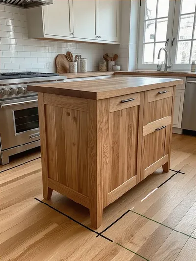 Wood kitchen island in a modern kitchen with clear walkway space demonstrating accurate measurements for optimal flow and accessibility