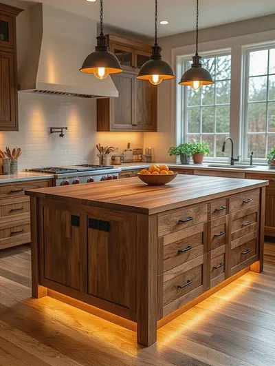 Wood kitchen island with bright, focused lighting integration showing pendant lights and illuminated countertop
