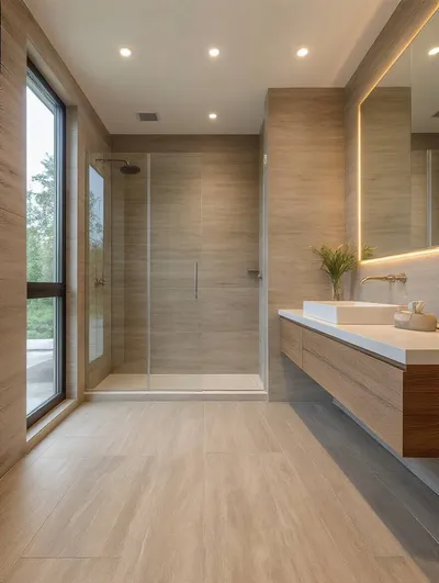 Modern bathroom floor showcasing durable wood-look tile or LVP with visible grout lines.
