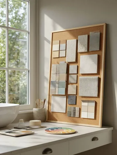 Portrait of a bathroom mood board with tile swatches, paint chips, and fabric textures on a cork board