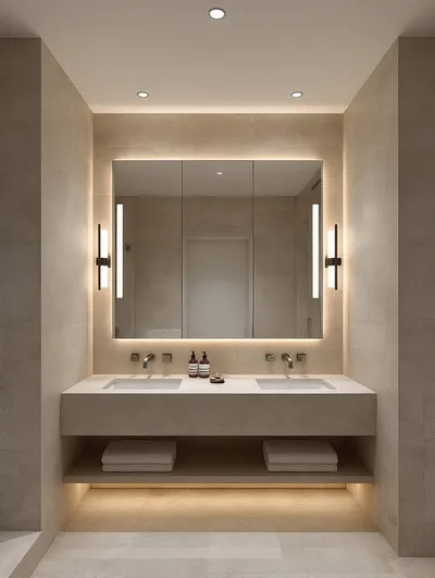 Portrait view of layered bathroom lighting setup